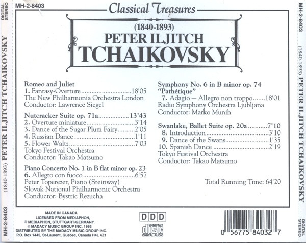 Pyotr Ilyich Tchaikovsky - Romeo And Juliet • Nutcracker Suite Op. 71a • Piano Concerto No. 1 In B Flat Minor Op. 23 • Swanlake, Ballet Suite Op. 20a (CD, Comp) (Mint (M)) - Image 2
