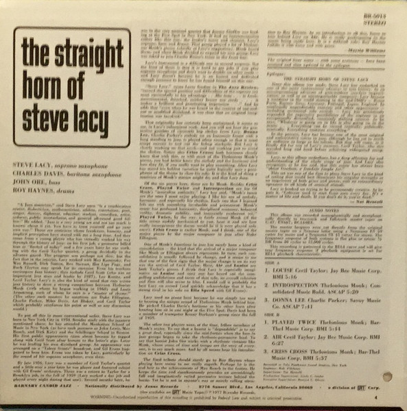 Steve Lacy - The Straight Horn Of Steve Lacy (LP, Album, RE) (Very Good Plus (VG+)) - Image 2