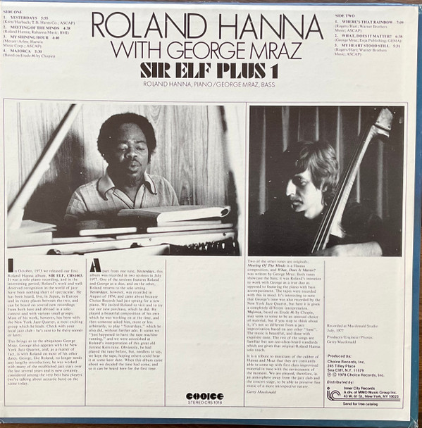 Roland Hanna With George Mraz - Sir Elf Plus 1 (LP, Album) (Near Mint (NM or M-)) - Image 2