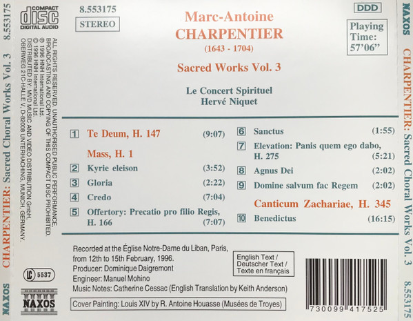 Marc Antoine Charpentier - Le Concert Spirituel, Hervé Niquet - Te Deum / Mass / Canticum Zachariae (CD) (Near Mint (NM or M-)) - Image 2
