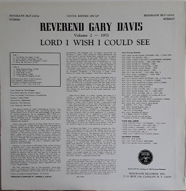 Rev. Gary Davis - Volume 2 - 1971 / Lord I Wish I Could See (LP, Album) (Very Good Plus (VG+)) - Image 2