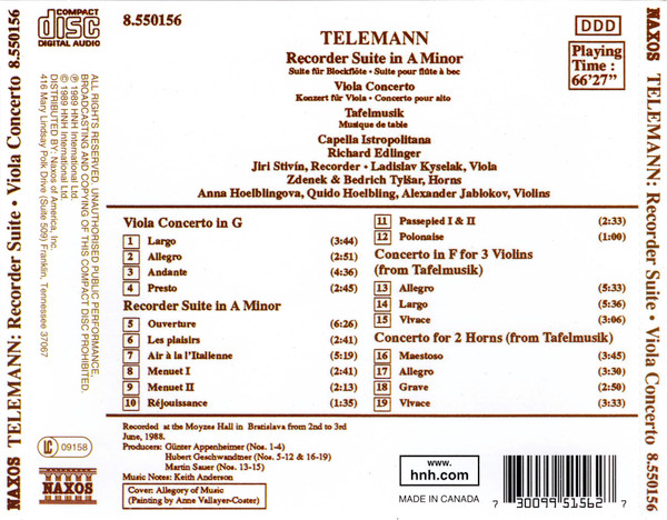 Georg Philipp Telemann, Capella Istropolitana, Richard Edlinger - Recorder Suite In A Minor • Viola Concerto • Tafelmusik (CD, Album, RE) (Near Mint (NM or M-)) - Image 2