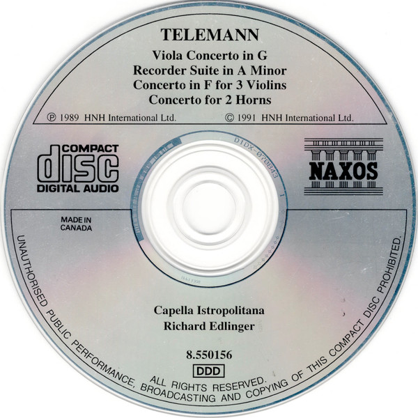 Georg Philipp Telemann, Capella Istropolitana, Richard Edlinger - Recorder Suite In A Minor • Viola Concerto • Tafelmusik (CD, Album, RE) (Near Mint (NM or M-)) - Image 3