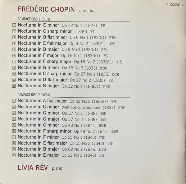 Frédéric Chopin, Livia Rev - Nocturnes (2xCD, Album, RE) (Near Mint (NM or M-)) - Image 2