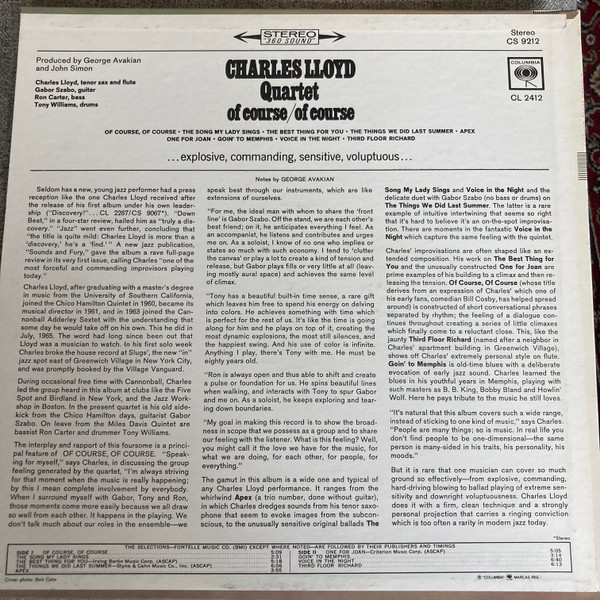The Charles Lloyd Quartet - Of Course / Of Course (LP, Album) (Very Good (VG)) - Image 2