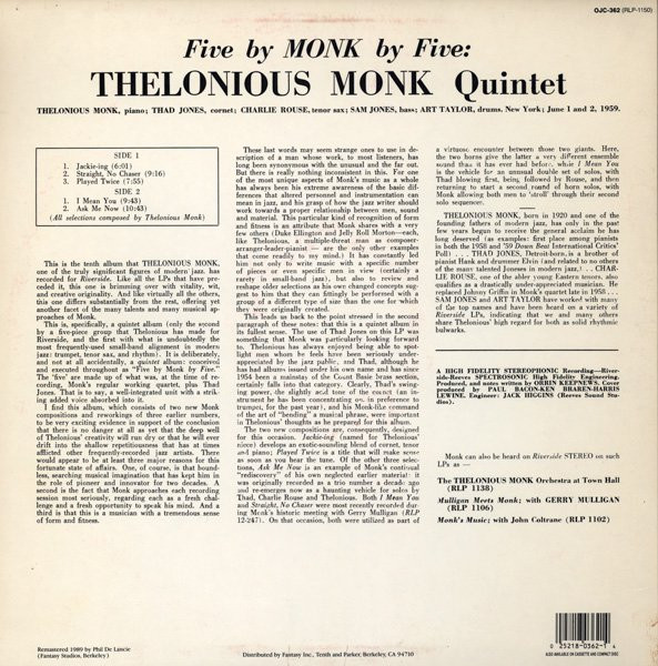 The Thelonious Monk Quintet - 5 By Monk By 5 (LP, Album, RE, RM) (Near Mint (NM or M-)) - Image 2