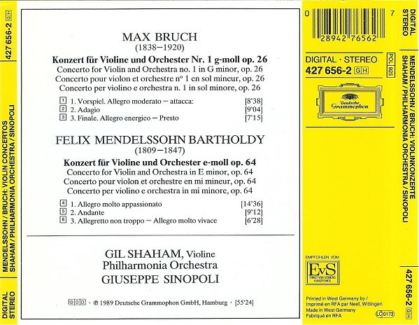 Mendelssohn*, Bruch* - Gil Shaham, Philharmonia Orchestra, Giuseppe Sinopoli - Violinkonzerte = Violin Concertos (CD, Album) (Near Mint (NM or M-)) - Image 2