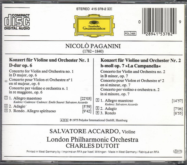 Niccolò Paganini - Salvatore Accardo, London Philharmonic Orchestra, Charles Dutoit - Violinkonzerte Nos. 1 & 2 = Violin Concertos = Concertos Pour Violon (CD, Comp) (Near Mint (NM or M-)) - Image 2