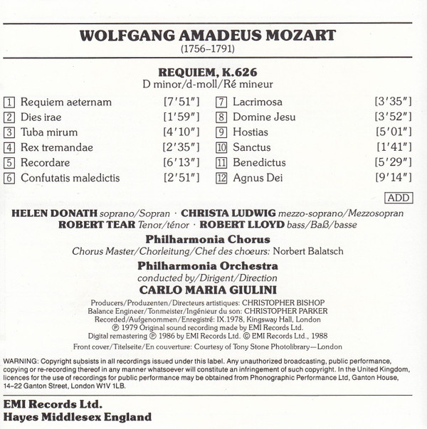Mozart*, Donath*, Ludwig*, Tear*, Lloyd*, Carlo Maria Giulini - Requiem (CD, Album, RE) (Near Mint (NM or M-)) - Image 2
