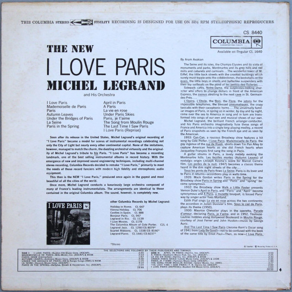 Michel Legrand Et Son Orchestre - The New I Love Paris (LP, Album) (Very Good (VG)) - Image 2