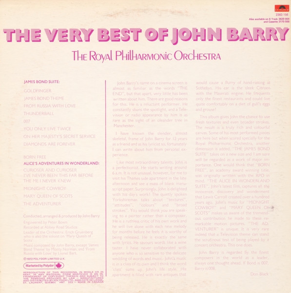 John Barry With Royal Philharmonic Orchestra - The Very Best Of John Barry (LP, Comp) (Mint (M)) - Image 2