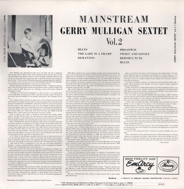 Gerry Mulligan And His Sextet - Mainstream Of Jazz Vol. 2 (LP, Album, Mono) (Near Mint (NM or M-)) - Image 2