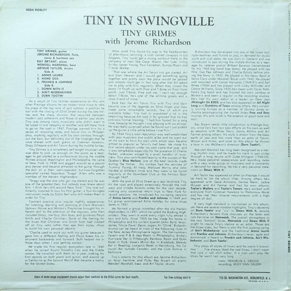 Tiny Grimes with Jerome Richardson - Tiny In Swingville (LP, Album, Mono) (Very Good Plus (VG+)) - Image 2