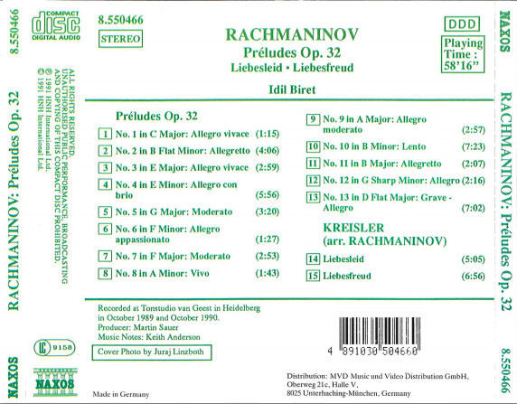 Rachmaninov*, Idil Biret - Preludes Op. 32 • Liebesleid • Liebesfreud (CD, Album) (Near Mint (NM or M-)) - Image 2