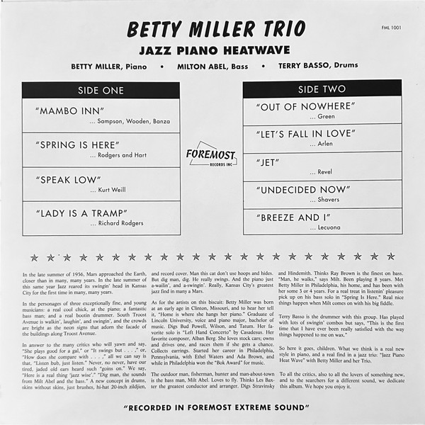 Betty Miller Trio* - A Jazz Piano Heatwave (LP, Album, Mono, RE) (Very Good (VG)) - Image 2