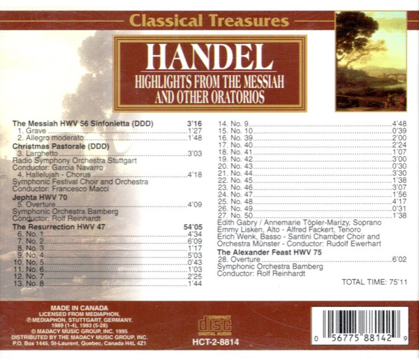 Various - Handel: Highlights From The Messiah And Other Oratorios (CD) (Near Mint (NM or M-)) - Image 2
