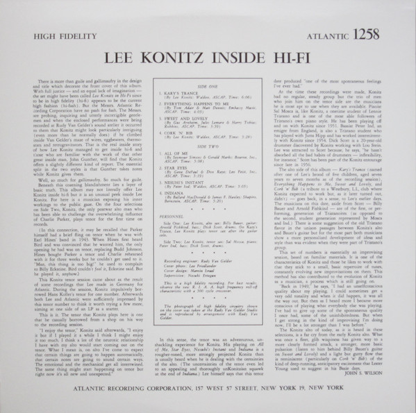 Lee Konitz - Inside Hi Fi (LP, Album, RE) (Very Good Plus (VG+)) - Image 2