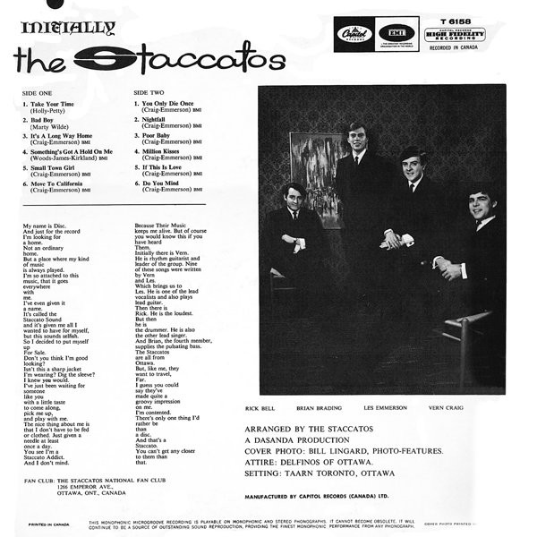 The Staccatos (3) - Initially (LP, Album, Mono) (Very Good (VG)) - Image 2