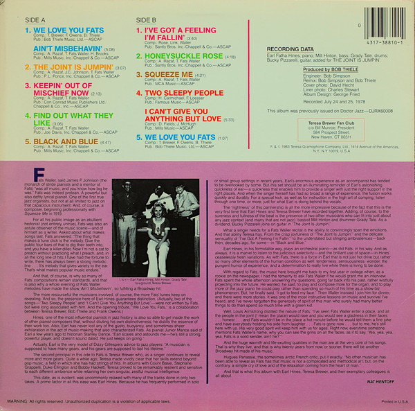 Teresa Brewer, Earl Fatha Hines* - We Love You Fats (LP, Album, RE) (Mint (M)) - Image 2