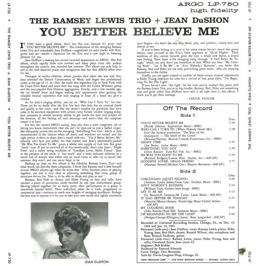 The Ramsey Lewis Trio + Jean DuShon - You Better Believe Me (LP, Album) (Very Good (VG)) - Image 2