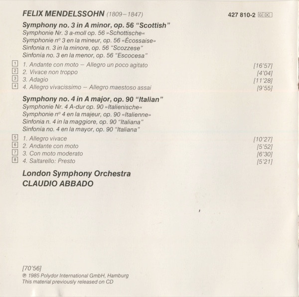 Felix Mendelssohn-Bartholdy ● London Symphony Orchestra ● Claudio Abbado - Symphonien No.3 »Schottische • Scottish • Écossaise« / No.4 »Italienische • Italian • Italienne« (CD, Comp, RE, PMD) (Near Mint (NM or M-)) - Image 2