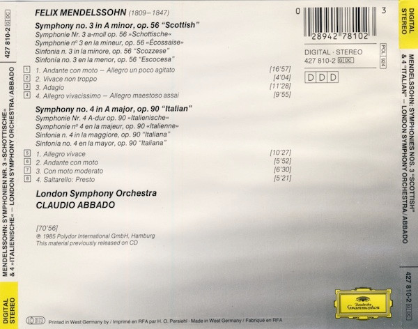 Felix Mendelssohn-Bartholdy ● London Symphony Orchestra ● Claudio Abbado - Symphonien No.3 »Schottische • Scottish • Écossaise« / No.4 »Italienische • Italian • Italienne« (CD, Comp, RE, PMD) (Near Mint (NM or M-)) - Image 3