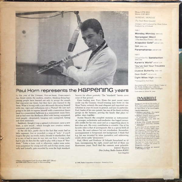 The Paul Horn Quintet - Monday, Monday (LP, Album, RCA) (Near Mint (NM or M-)) - Image 2