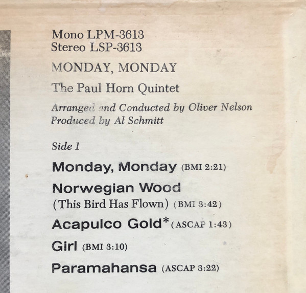 The Paul Horn Quintet - Monday, Monday (LP, Album, RCA) (Near Mint (NM or M-)) - Image 5