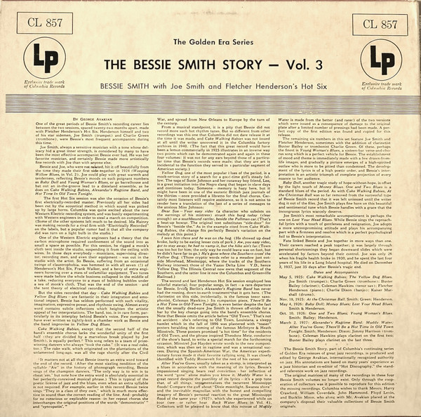 Bessie Smith With Joe Smith (3) & Fletcher Henderson's Hot Six* - The Bessie Smith Story - Vol.3 (LP, Comp, Mono, RE, Non) (Near Mint (NM or M-)) - Image 2