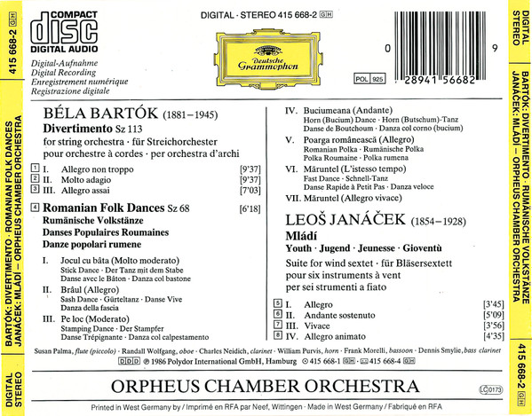 Béla Bartók / Leoš Janáček - Orpheus Chamber Orchestra - Divertimento / Romanian Folk Dances / Mládí (CD, Album) (Near Mint (NM or M-)) - Image 2