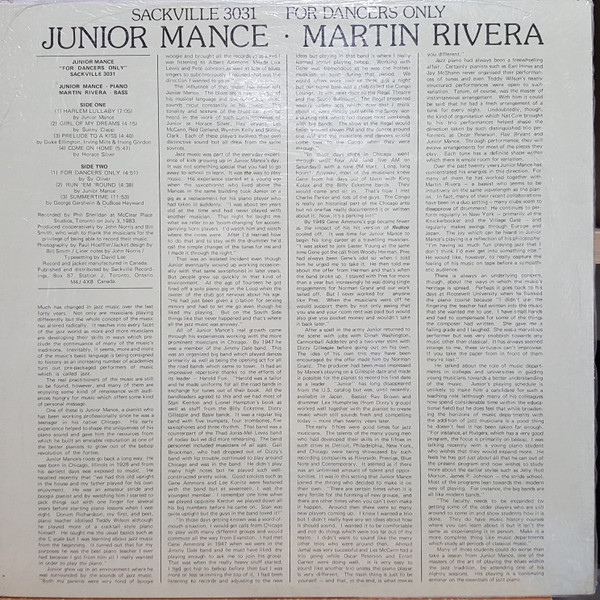 Junior Mance - For Dancers Only (LP, Album) (Very Good Plus (VG+)) - Image 2