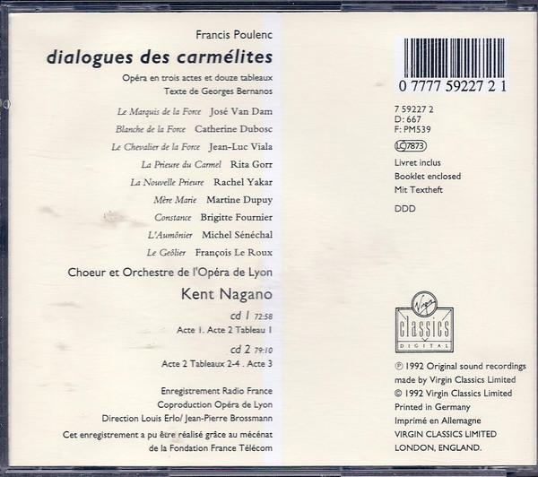Poulenc*, Catherine Dubosc, Rita Gorr, Rachel Yakar, Martine Dupuy, Brigitte Fournier, José Van Dam*, Jean-Luc Viala, Orchestre De L'Opéra De Lyon, Kent Nagano - Dialogues Des Carmélites (2xCD, Album) (Near Mint (NM or M-)) - Image 3