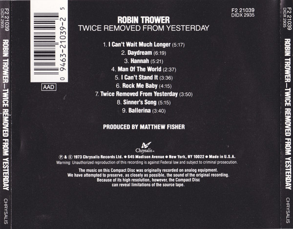 Robin Trower - Twice Removed From Yesterday (CD, Album, RE) (Near Mint (NM or M-)) - Image 2