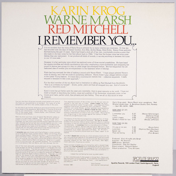 Karin Krog, Warne Marsh, Red Mitchell - I Remember You... (LP, Album) (Very Good Plus (VG+)) - Image 2