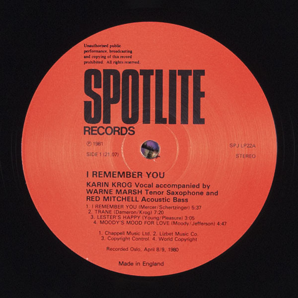 Karin Krog, Warne Marsh, Red Mitchell - I Remember You... (LP, Album) (Very Good Plus (VG+)) - Image 3