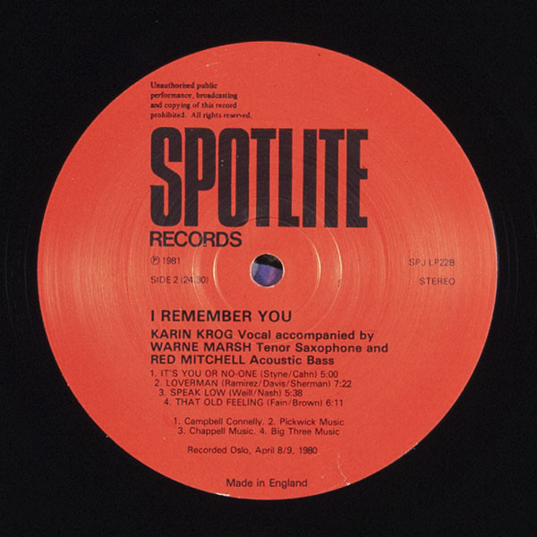 Karin Krog, Warne Marsh, Red Mitchell - I Remember You... (LP, Album) (Very Good Plus (VG+)) - Image 4