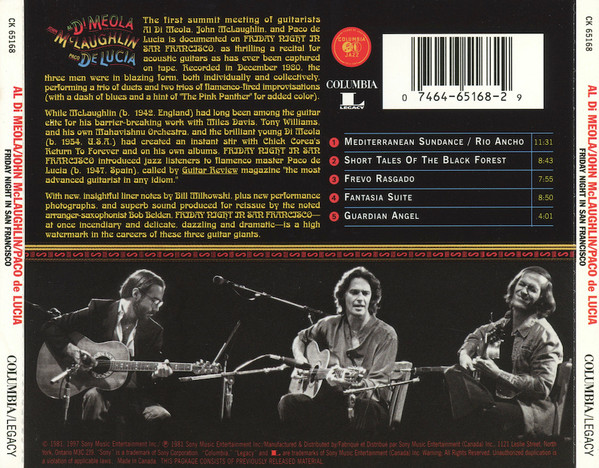 Al Di Meola / John McLaughlin / Paco De Lucía - Friday Night In San Francisco (CD, Album, RE) (Near Mint (NM or M-)) - Image 2