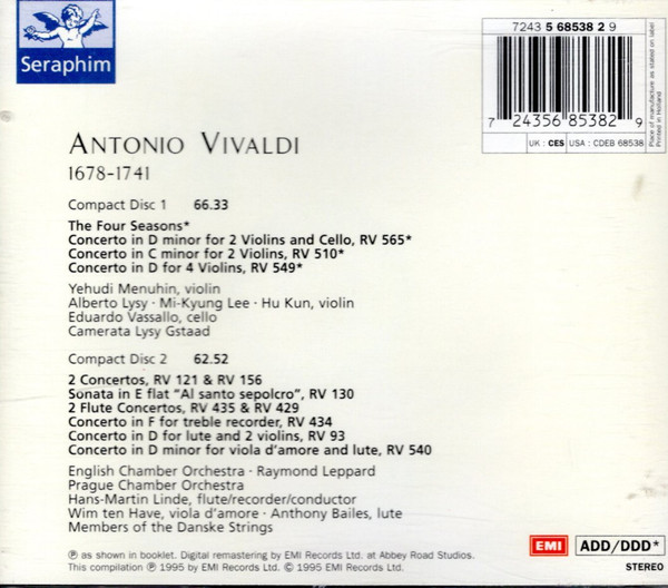 Antonio Vivaldi – Yehudi Menuhin • Hans-Martin Linde - The Four Seasons • Violin Concertos • Flute Concertos (2xCD, Comp, RE, RM) (Very Good Plus (VG+)) - Image 2