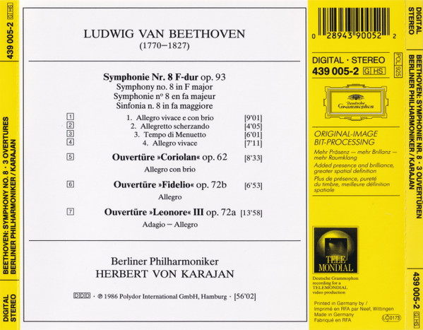 Ludwig van Beethoven, Berliner Philharmoniker, Herbert von Karajan - Symphonie No. 8 • Ouvertüren »Fidelio • Leonore III • Coriolan« (CD, Album, RE, RM, PMD) (Near Mint (NM or M-)) - Image 2