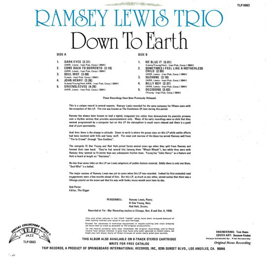The Ramsey Lewis Trio - Down To Earth (LP, Album, RE) (Very Good (VG)) - Image 2