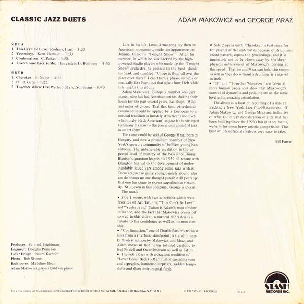 Adam Makowicz & George Mraz - Classic Jazz Duets (LP, Album) (Near Mint (NM or M-)) - Image 2
