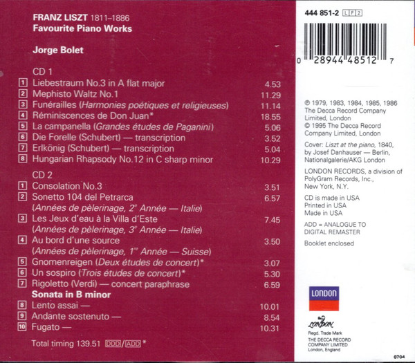 Franz Liszt - Jorge Bolet - Liebestraum / Favorite Piano Works = Beliebte Klavierwerke (2xCD, Comp, RE, RM) (Near Mint (NM or M-)) - Image 2