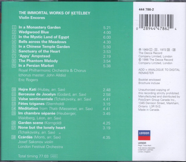 Albert W. Ketelbey - Josef Sakonov And London Festival Orchestra / Royal Philharmonic Orchestra & Royal Philharmonic Chorus, Eric Rogers (2) - In A Monastery Garden (The Immortal Works Of Albert Ketelbey) (CD, Comp) (Near Mint (NM or M-)) - Image 2