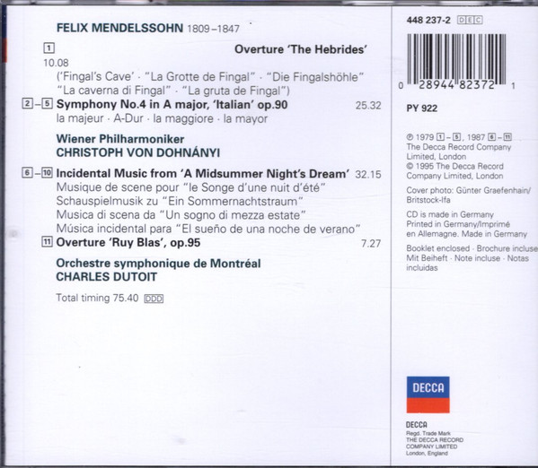 Felix Mendelssohn-Bartholdy | Christoph von Dohnányi • Charles Dutoit - Symphony No.4 'Italian' | A Midsummer Night's Dream | Fingal's Cave • Ruy Blas (CD, Comp) (Near Mint (NM or M-)) - Image 2