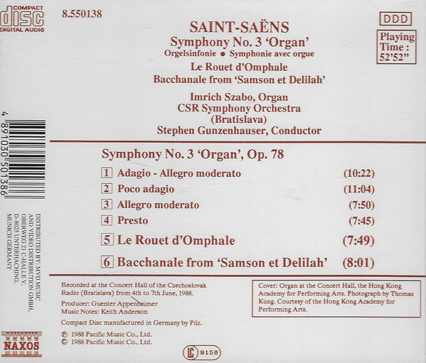 Saint-Saëns*, CSR Symphony Orchestra (Bratislava)*, Stephen Gunzenhauser, Imrich Szabo - Symphony No. 3 / Le Rouet d'Omphale (CD) (Near Mint (NM or M-)) - Image 2