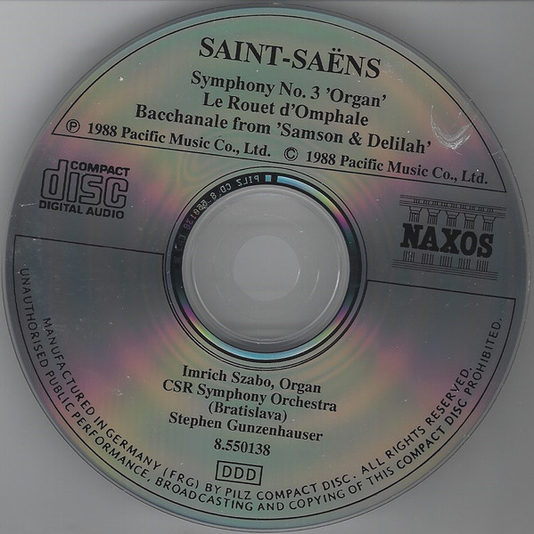 Saint-Saëns*, CSR Symphony Orchestra (Bratislava)*, Stephen Gunzenhauser, Imrich Szabo - Symphony No. 3 / Le Rouet d'Omphale (CD) (Near Mint (NM or M-)) - Image 3
