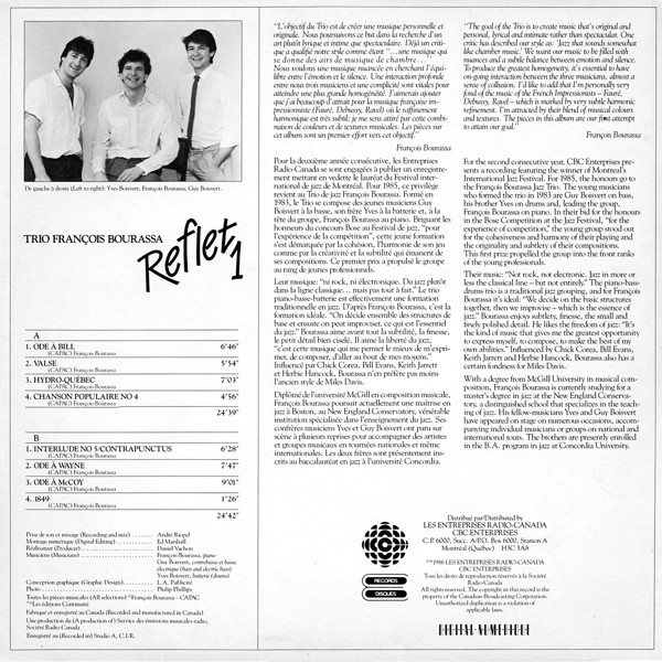 Trio François Bourassa - Reflet 1 (LP, Album) (Mint (M)) - Image 2