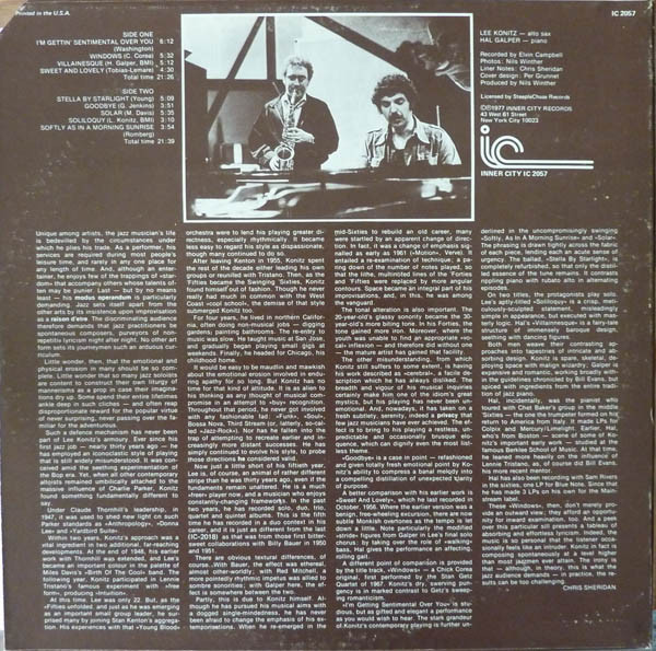 Lee Konitz & Hal Galper - Windows (LP, Album) (Very Good Plus (VG+)) - Image 2