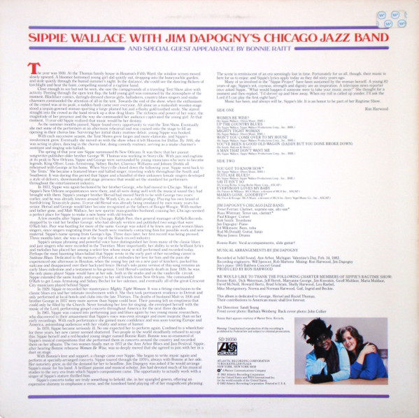Sippie Wallace With James Dapogny's Chicago Jazz Band And Special Guest Appearance By Bonnie Raitt - Sippie (LP, Album) (Very Good Plus (VG+)) - Image 2