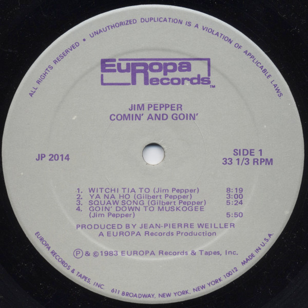 Jim Pepper - Comin' And Goin' (LP, Album) (Very Good Plus (VG+)) - Image 3